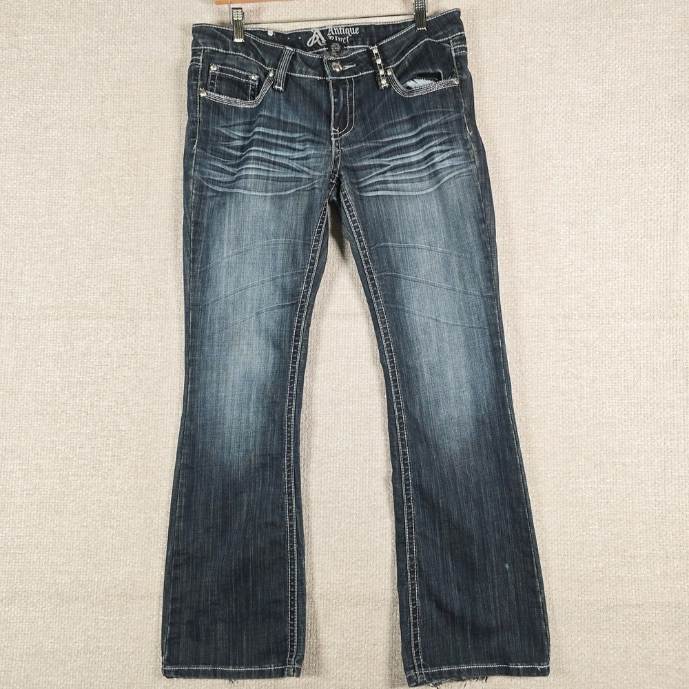 Antique Rivet Womens Bootcut Jeans Dark Wash Rhinestone Cross Embellished 30x30